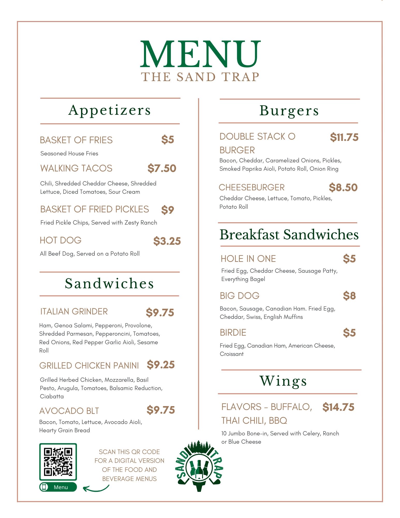 Sand Trap Food Menu - Website